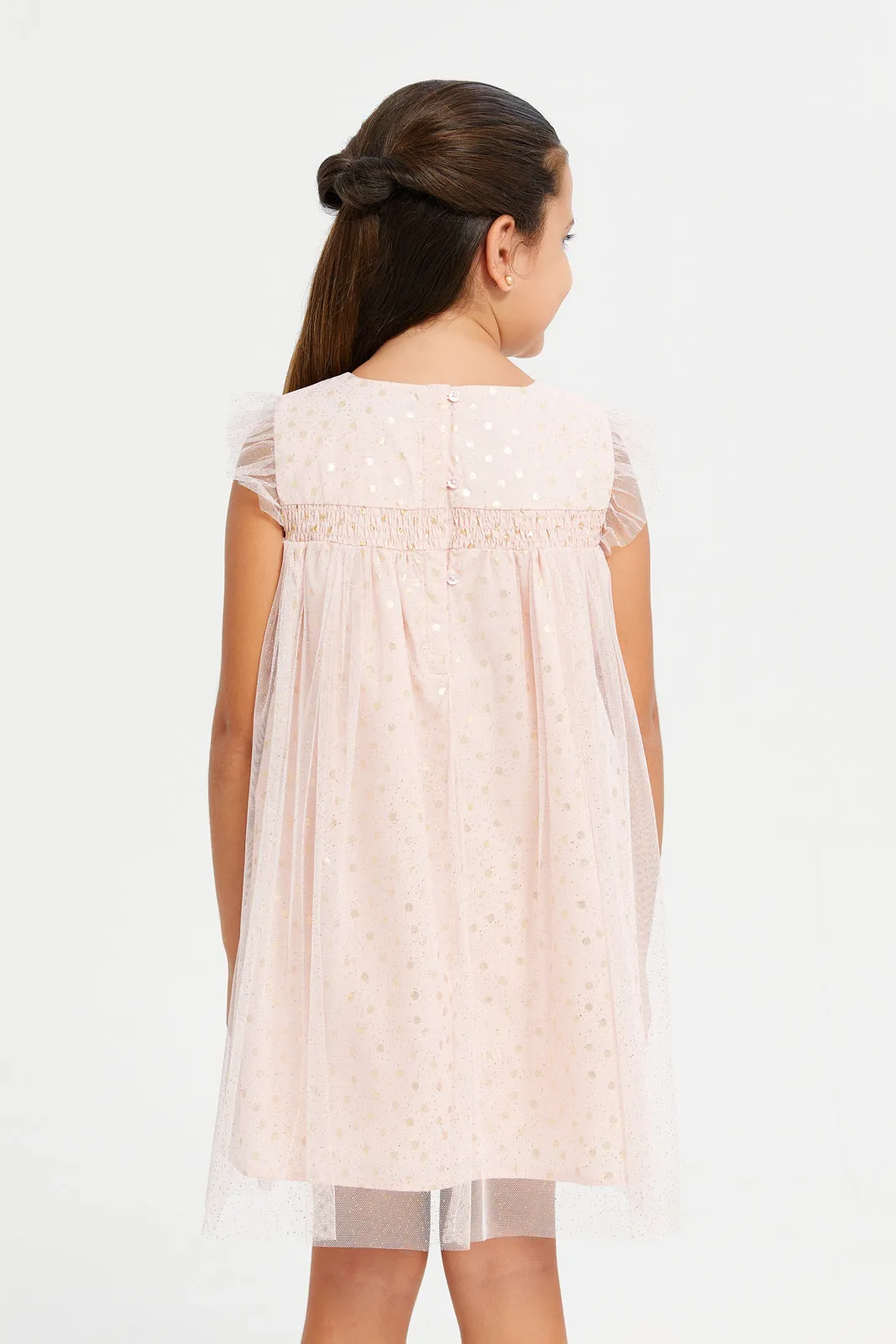 Girls Pink Glittered Mesh Dress