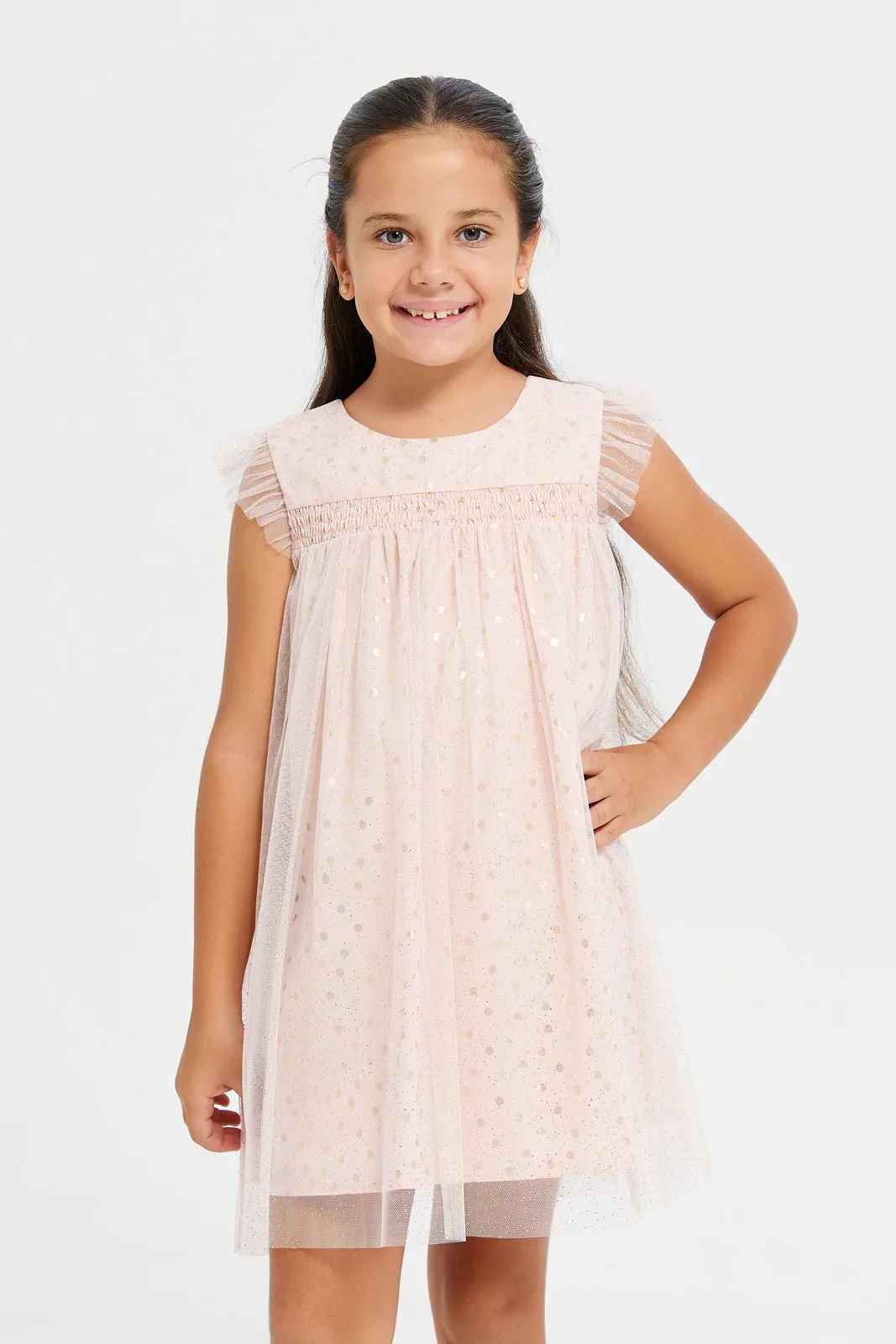 Girls Pink Glittered Mesh Dress