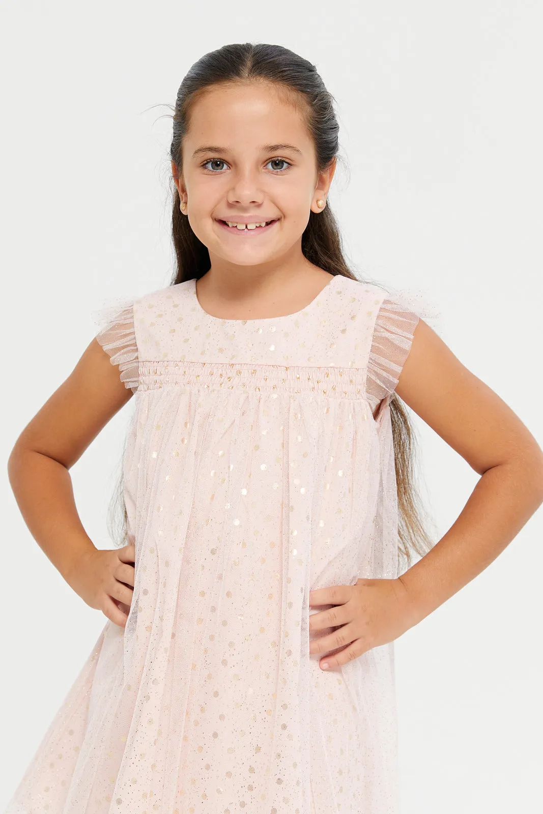 Girls Pink Glittered Mesh Dress