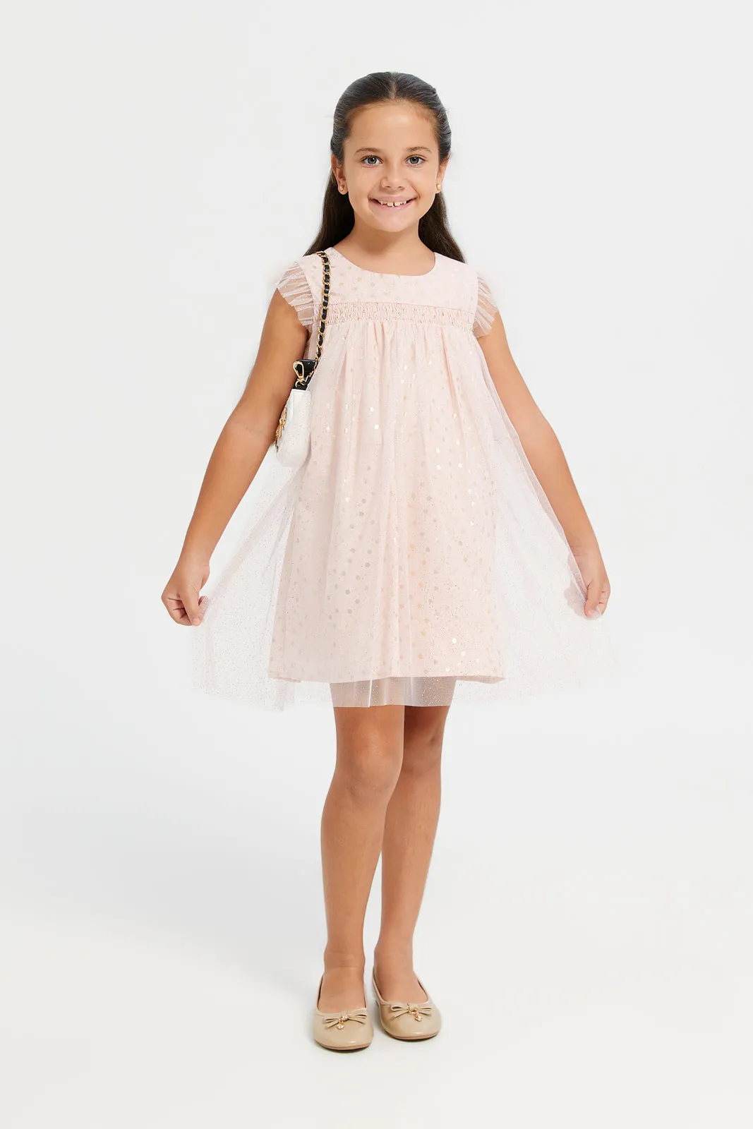 Girls Pink Glittered Mesh Dress