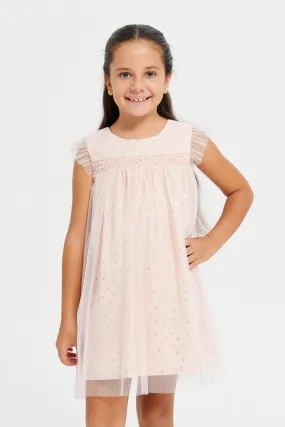 Girls Pink Glittered Mesh Dress