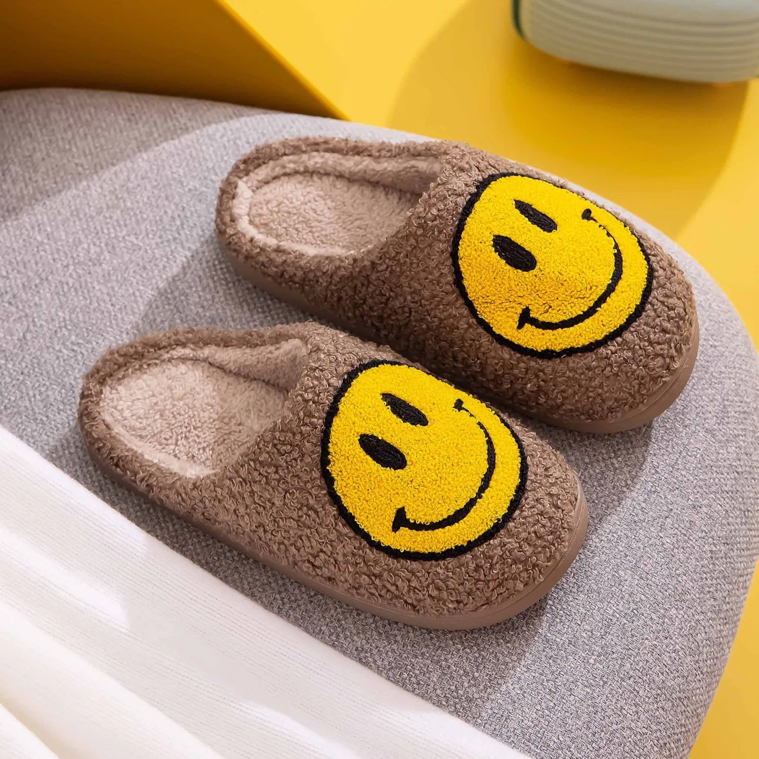 Khaki & Yellow Smiley Face Slippers