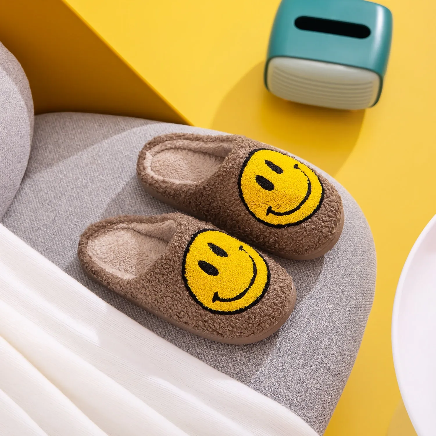 Khaki & Yellow Smiley Face Slippers